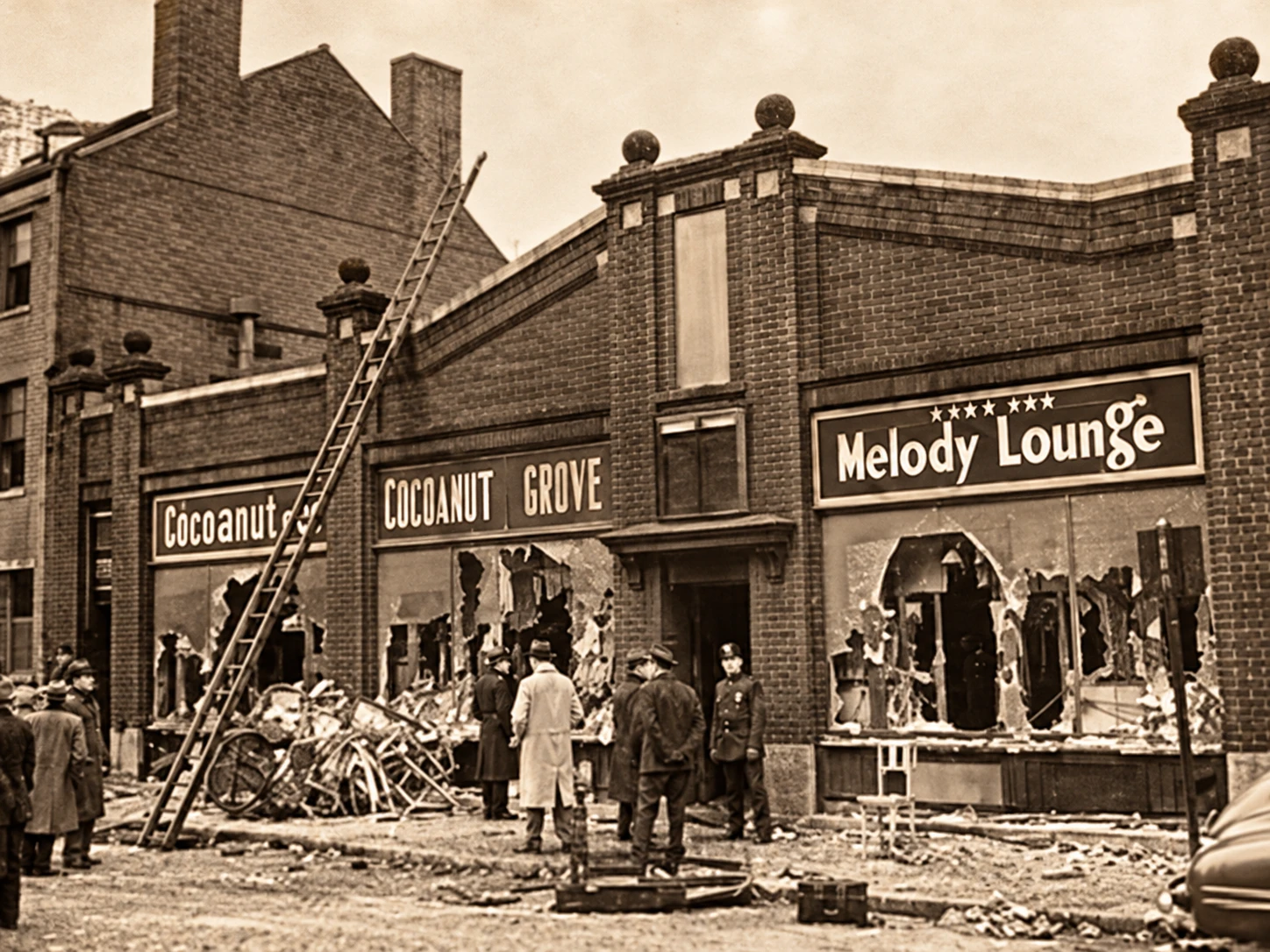 Historical photograph of the Cocoanut Grove and Melody Lounge after the fire, treated in sepia