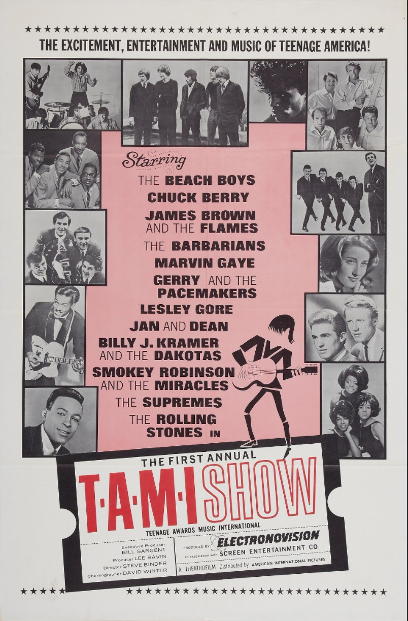 The T.A.M.I. Show poster featuring the Barbarians, James Brown, the Rolling Stones and the concert lineup