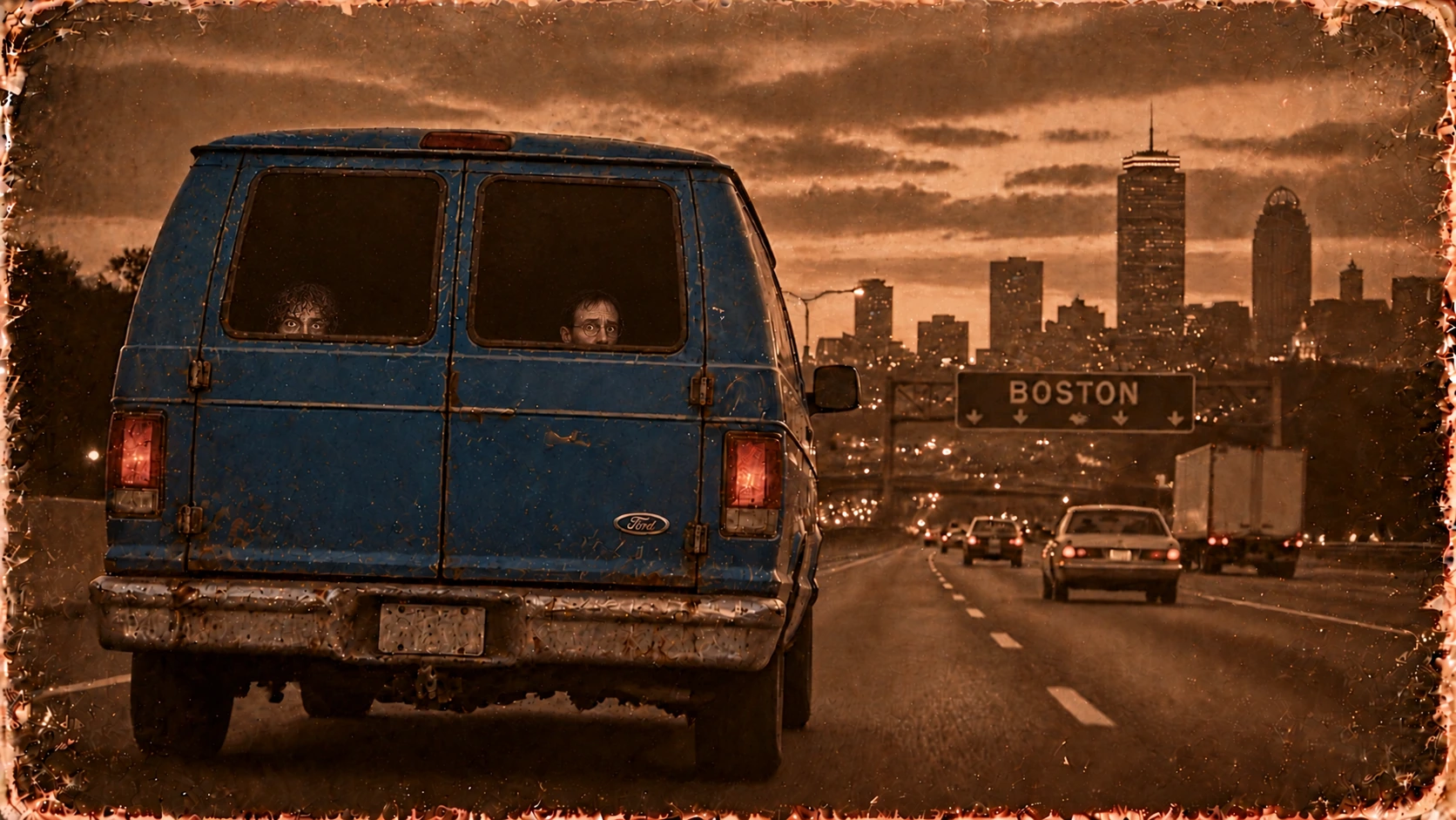 Two men peek through the rear windows of a blue van on the highway toward Boston, in a vintage sepia illustration.